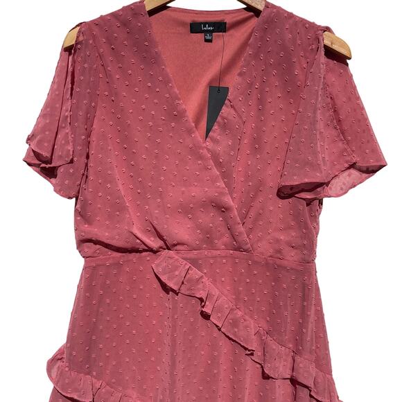 NWT LULUS Women’s Next to You Rusty Rose Swiss Dot Ruffled Midi Dress - Picture 5 of 8